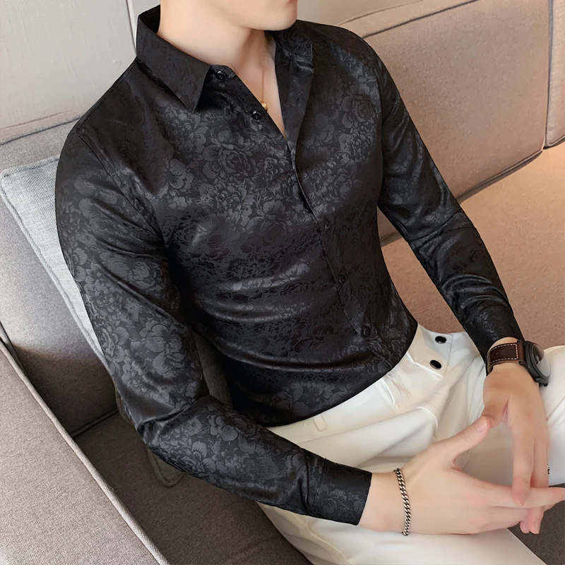 Luxury Printed Men\'s Shirt Long Sleeve Slim Fit Business Dress Shirts Casual Social Party Male Clothes Streetwear Chemise Homme