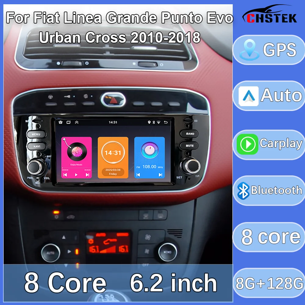 Android Car Radio For Fiat Linea Grande Punto Evo Urban Cross 2010‑2018 Wireless Carplay Android Auto GPS Navigation BT WiFi 4G