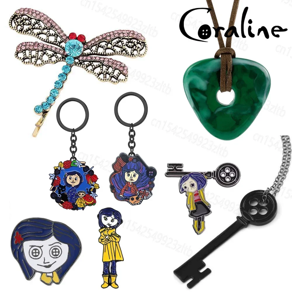 Movie Coraline Necklace Green Seeing Stone Pendant Rope Chain Black Skeleton Key Choker Dragonfly Hairpin Jewelry Pin Keychain