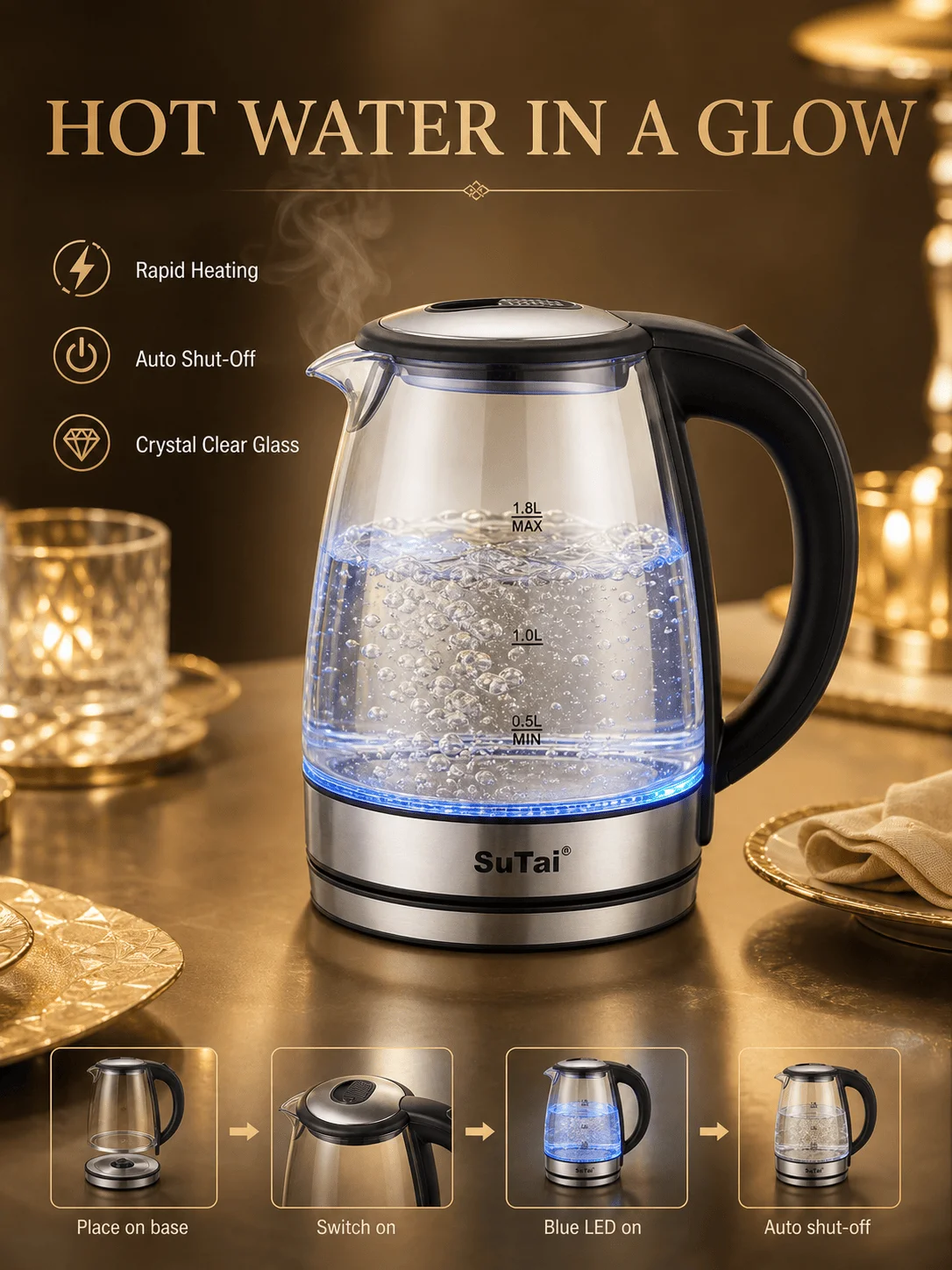 1.8L Glass Electric Kettle 1500W Fast Boil BPA‑Free Blue LED Light Auto Shut‑Off Boil‑Dry Protection Water Boiler for Home Tea C