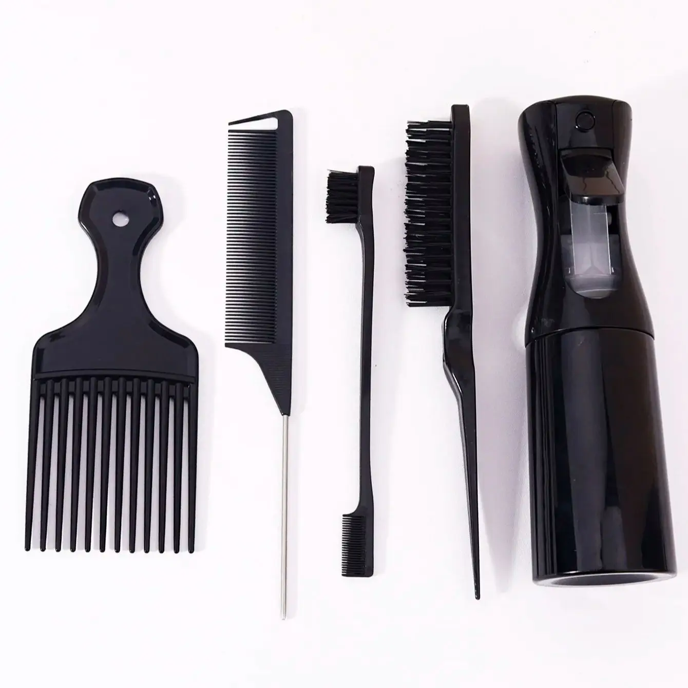 مجموعة تصفيف الشعر مكونة من 5 قطع، وزجاجة رذاذ، ومشط أفريقي، ومشط ذيل الفئران، وفرشاة من النايلون وفرشاة حافة خاصة للشعر المستعار الحقيقي