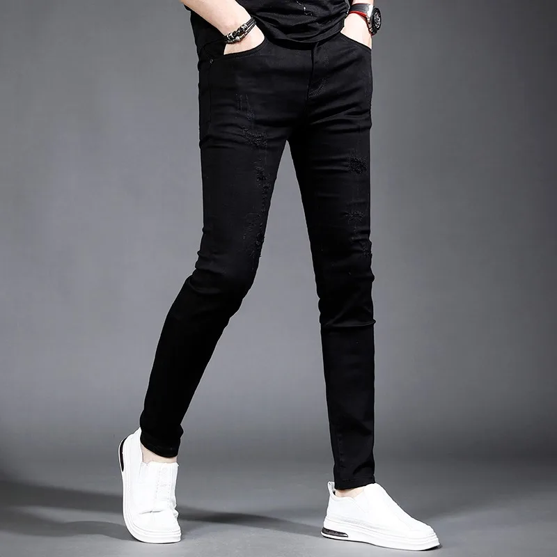 Summer Black Ripped Jeans Men Streetwear Stretch Slim Fit Pencil Pants Korean Style Casual Cotton Lightweight Denim Trousers