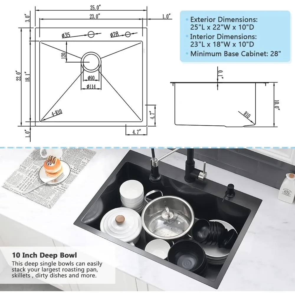 وعاء مطبخ فردي عميق 25 × 22 بوصة من الفولاذ المقاوم للصدأ باللون الأسود في 16 مقياسًا، سعة كبيرة، تصميم عصري