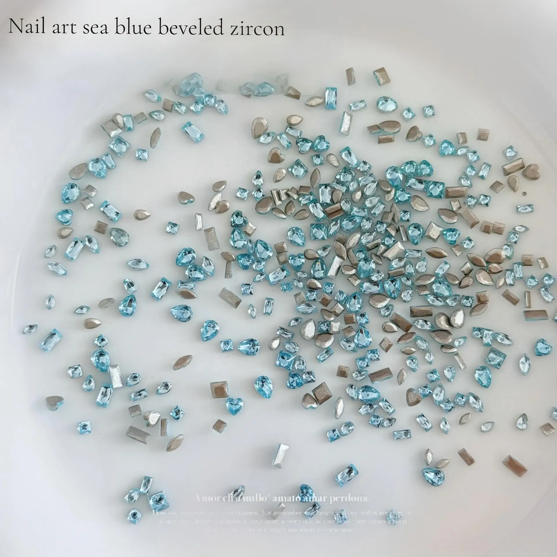 

50PCS Sea Blue Beveled Flat-Back Nail Art Zircon Various Shapes Faceted Crystals For Daily Casual Ocean Manicure Decoration