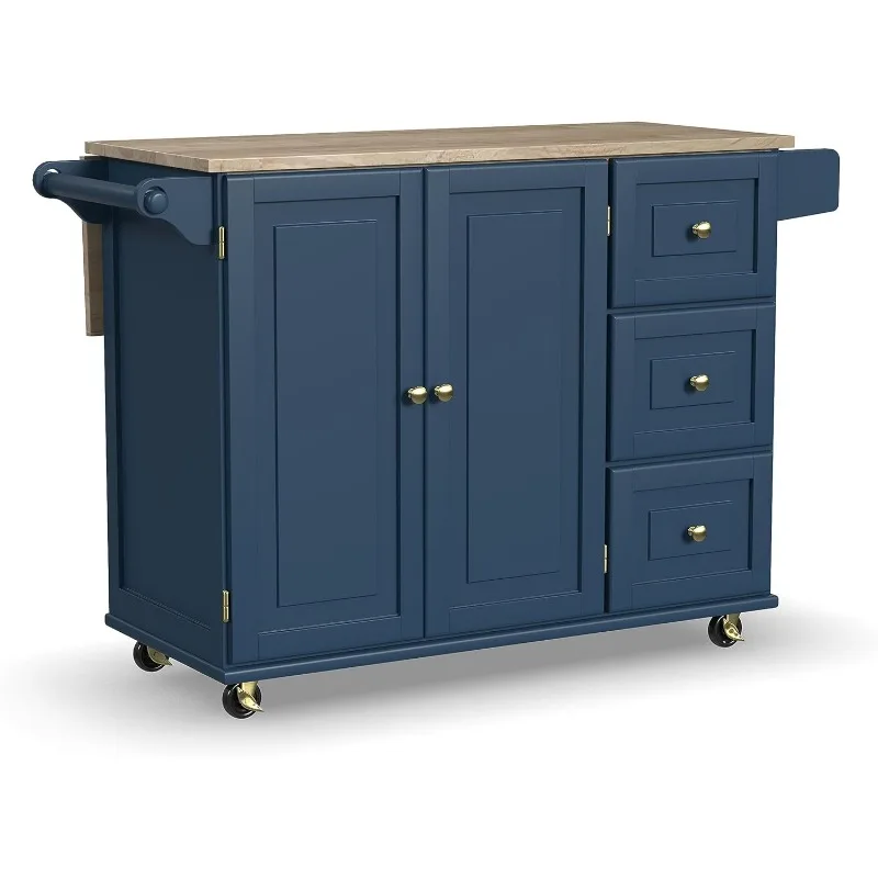 home.Mobile Kitchen Island Cart with Wood Top and Dropleaf Breakfast Bar, Blue