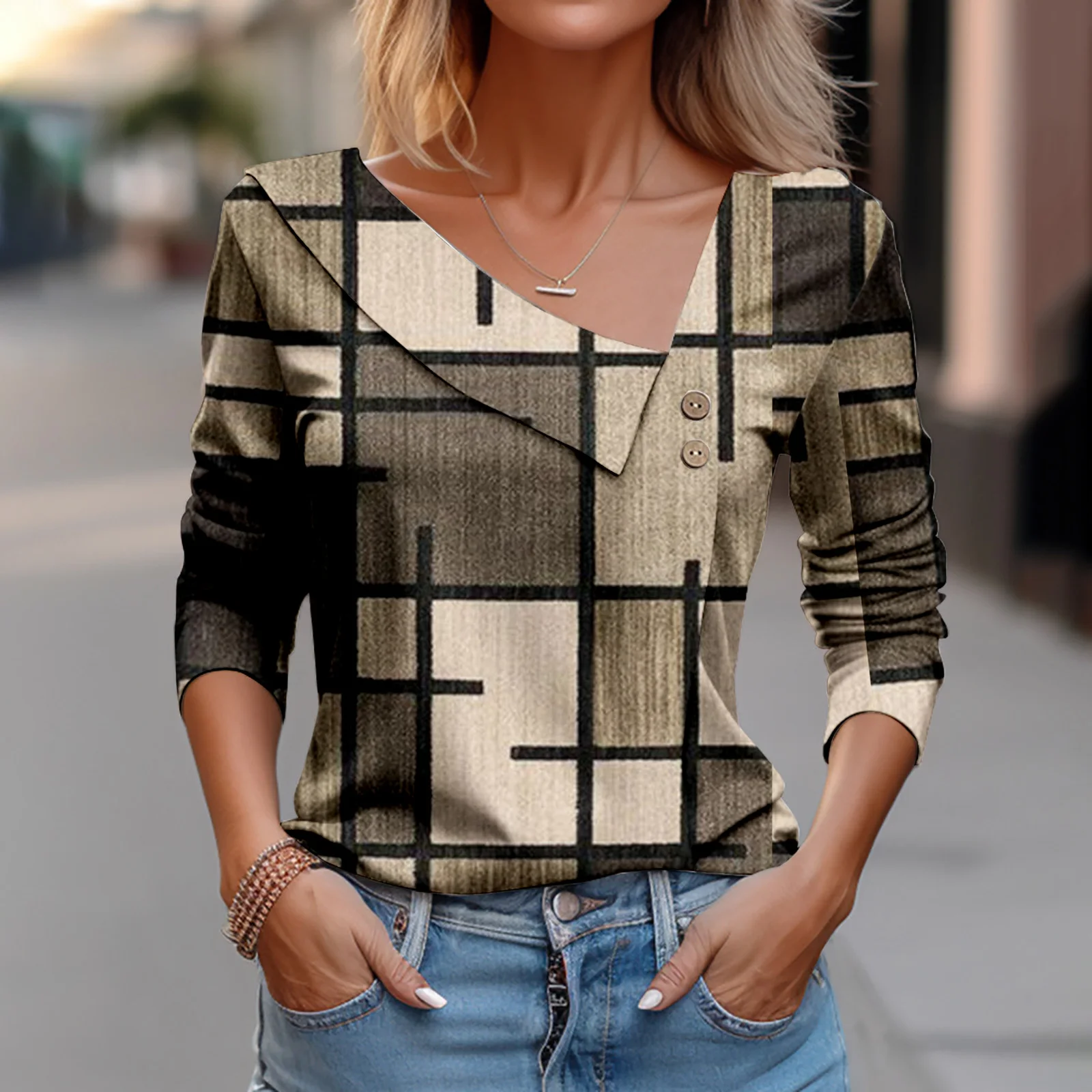 Fashion Geometry Print T-shirt Woman\'s Autumn Casual Long Sleeves Asymmetrical Neckline With Buttons Tshirt Tops For Woman 2024