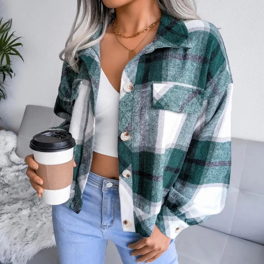 Women Plaid Jacket Short Jacket Stylish Plaid Print Women's Jacket with Turn-down Collar Fake Pocket for Fall for Commuting