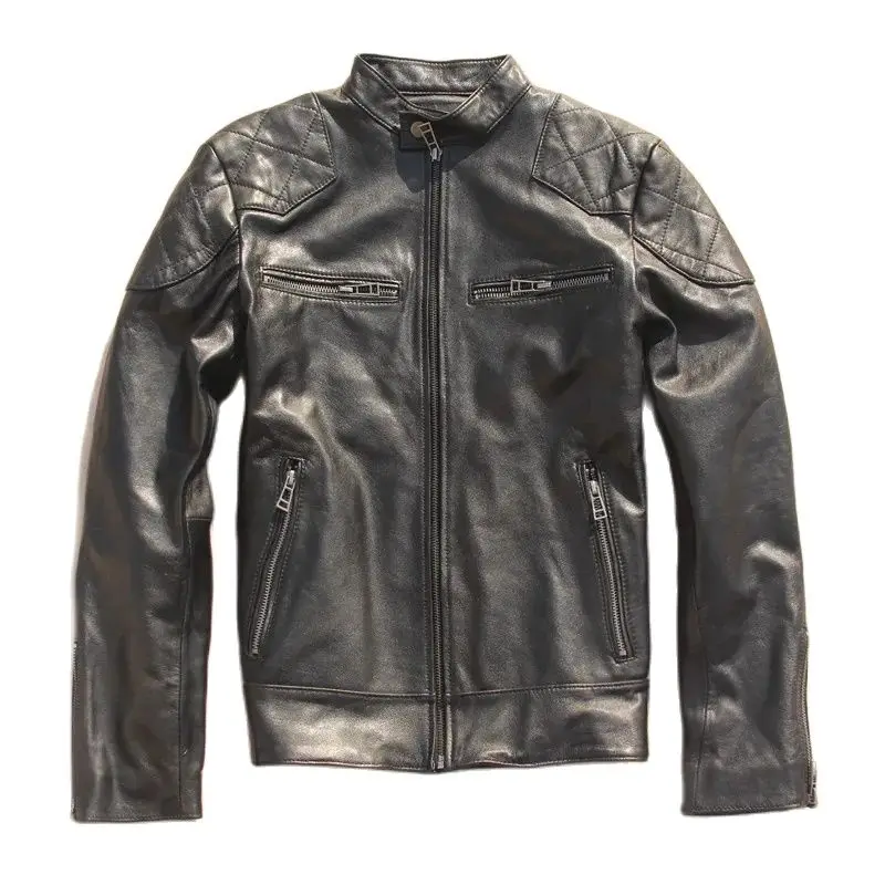 

Factory Genuine Leather Jacket Men Fashion Natural goatskin Cow Leather Motor Jacket Casual Leather Jacket Men Black Slim jacket