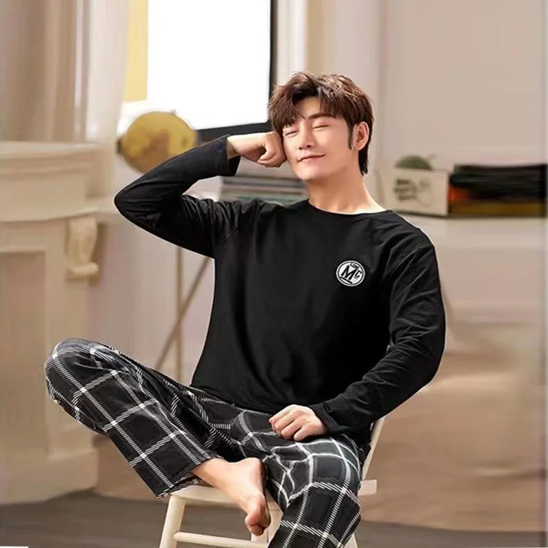 2PCS/Set Men\'s Pajamas Autumn Winter Long-Sleeved Fashion Soft Simple Casual Homewear Man Black Comfortable Striped Loungewear