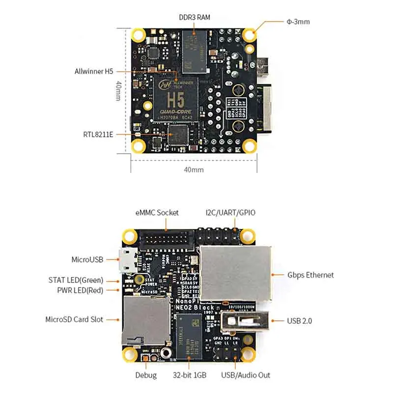 NanoPi NEO2 Preto Allwinner Placa H5, 1GB de RAM, Quad-Core, 64 bits, Rede Gigabit A53, Ubuntu, Armbian,OpenWRT