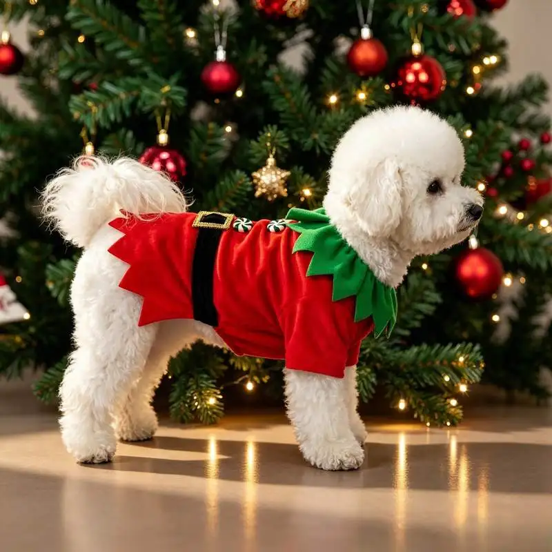 Ein T-Shirt für Hunde, ein weihnachtliches Elfen-T-Shirt mit Knöpfen, weihnachtliche Haustierkostümkleidung. – Detail 1
