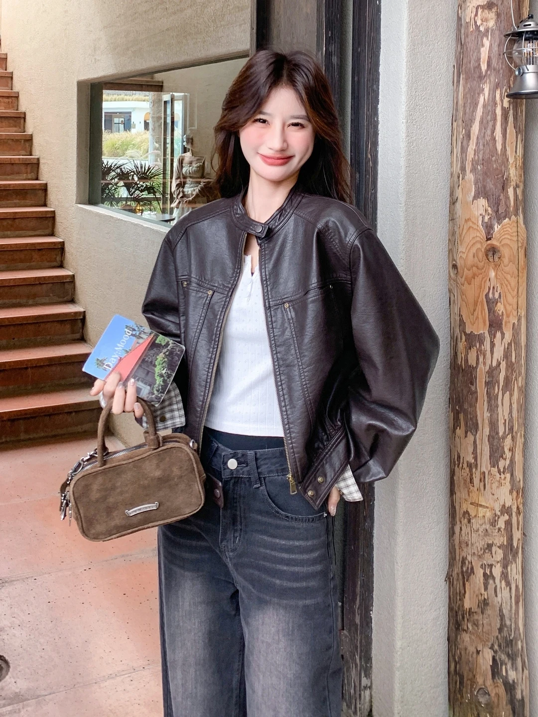 

Cool Bla ort Biker Jaet Women's Faionable Retro American Sle PU Leather Coat Stand Collar Spring Autumn New Arrival