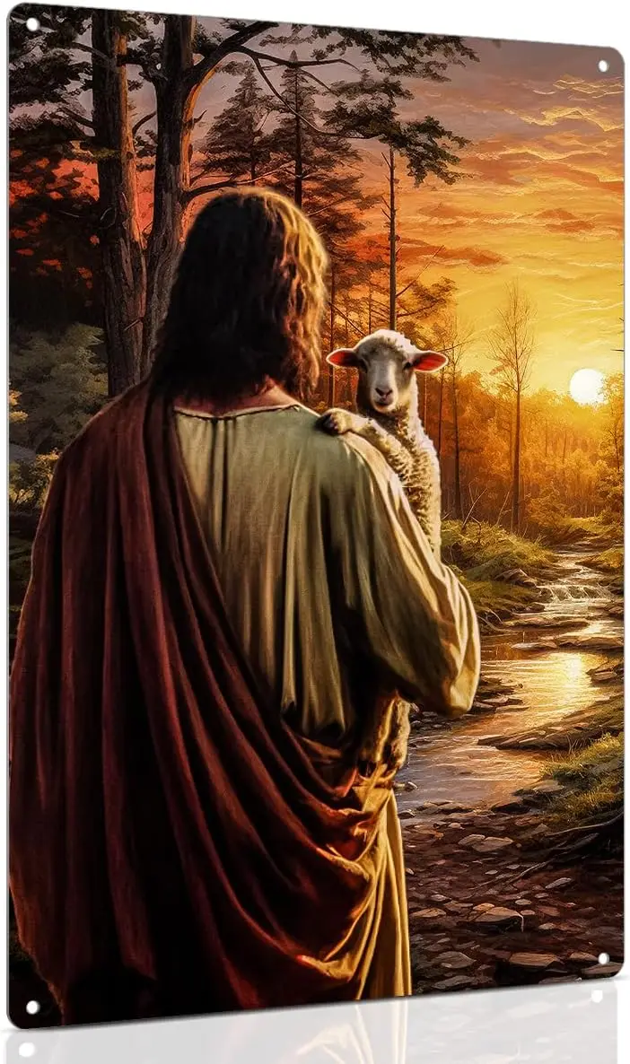 Jesus and Lamb Metal Sign Wall Art Gifts for Christians.He Left The 99 to Rescue Me Poster Print Christian Home,Office,Bedroom W