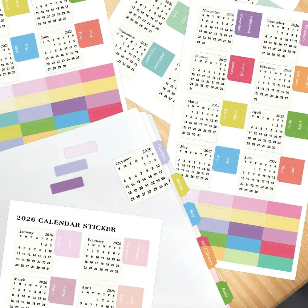 Diy Scrapbook 2026 Calendar Stickers Self-adhesive Cartoon Monthly Planner Stickers Simple 2 Sheets Divider Index Tabs
