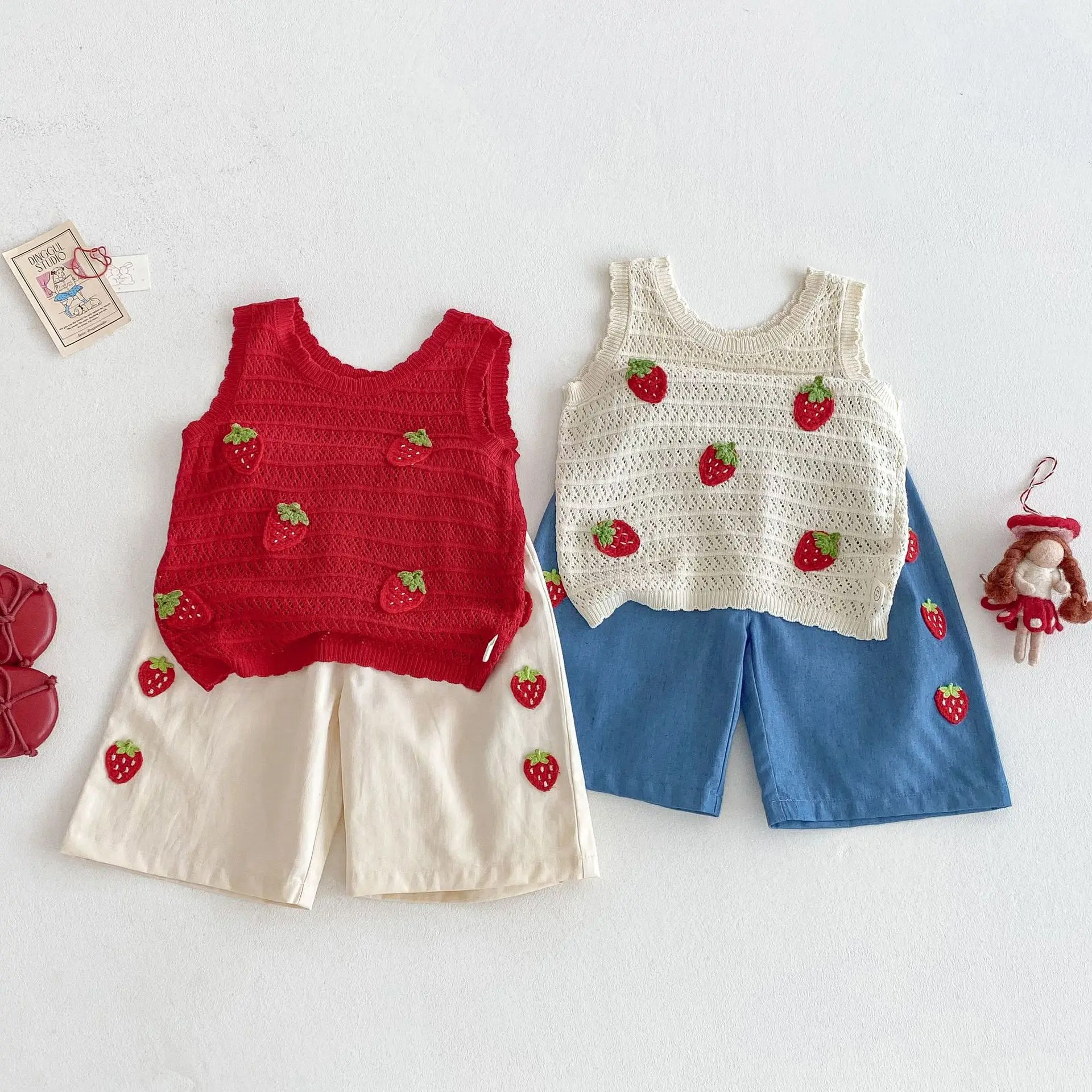 2026 Summer Kids Clothing Set Strawberry Vest  And Wide Leg Pants 2 Pcs Girls Suit  Girls Clothes Suit