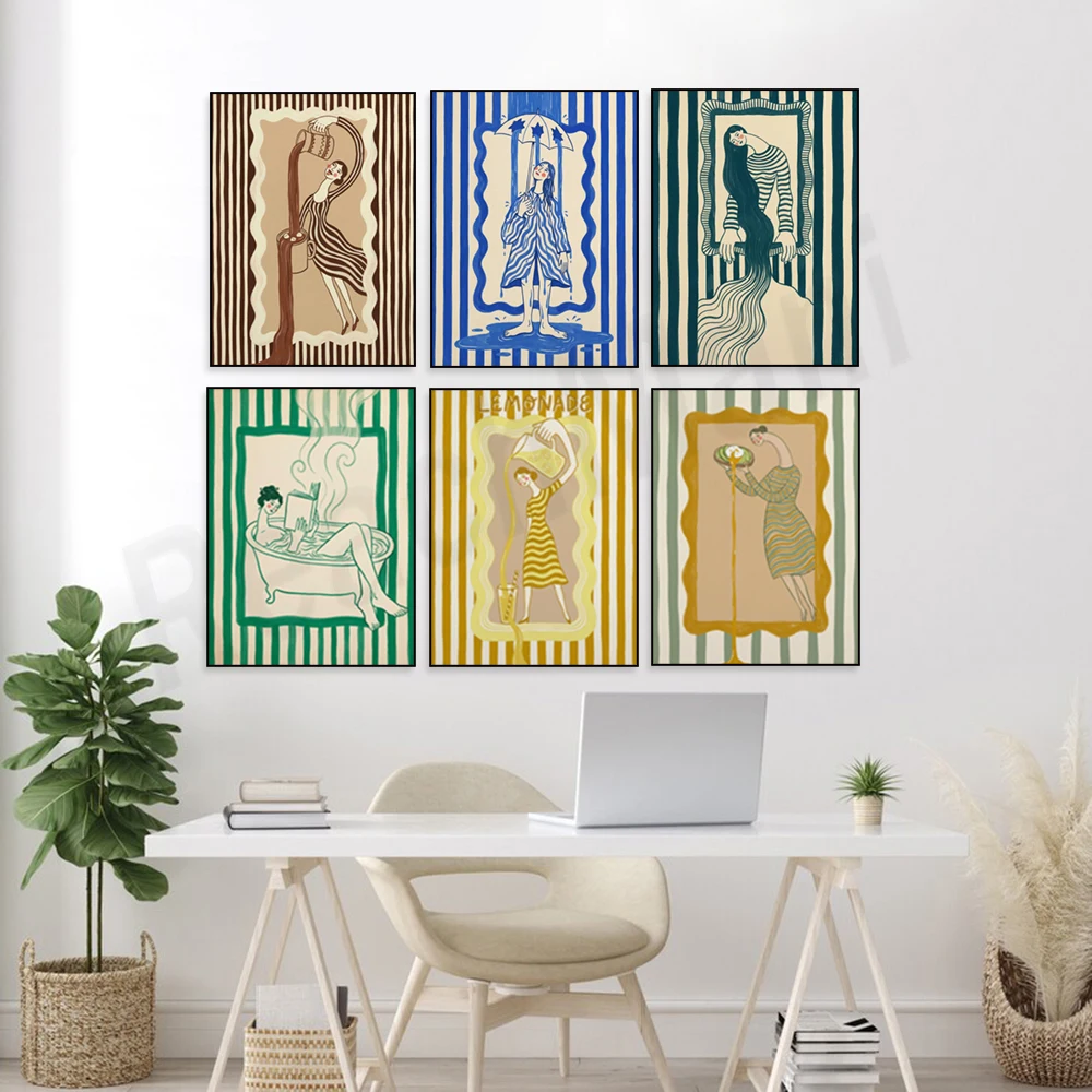 Jazz saxophone, woman reading, hot dog illustration, skateboard girl, ice cream, vintage-style poster of a woman, striped design