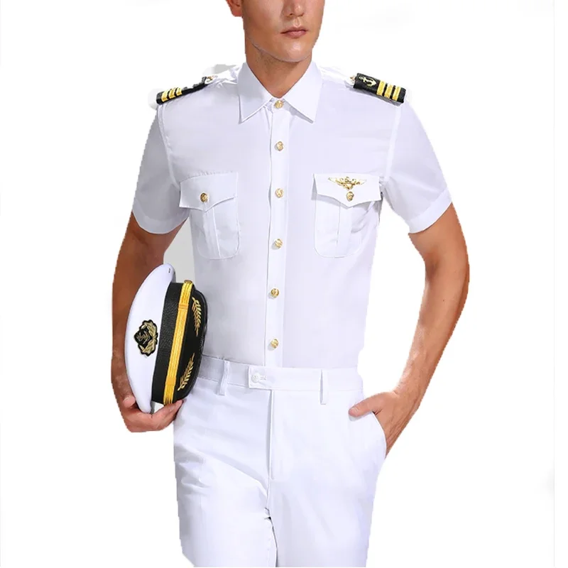 

Service Male Navy Shirt Aviation Pilot Shirt Ship Sailor Uniform Seaman Shirts Officer Men Performance Costume Homme White