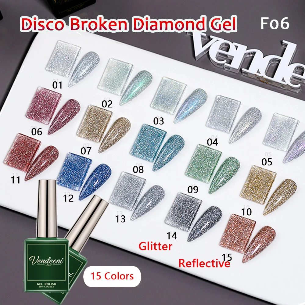 Vendeeni - Juego de 15 colores de esmalte de uñas en gel con purpurina y diamantes rotos para fiestas, esmalte de uñas con efecto discoteca, barniz brillante para decoración de uñas