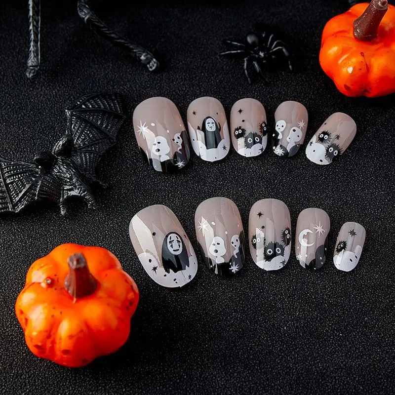 

24pcs Halloween Devil Press-On Nails - Cute Ghosts Stars & Moon Designs (Medium-Long Almond Spooky Sweet Style)