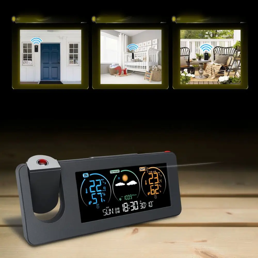 Multifunctional Digital Projection Clock Weather Station Color Display Temperature Humidity Monitor Desk Alarm Clock