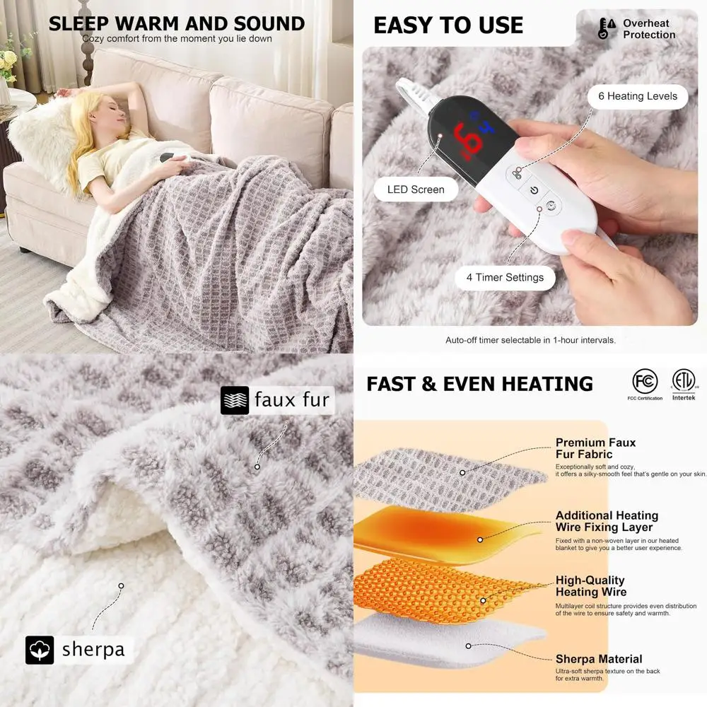 

Electric Heated Throw Blanket 50x60 - 6 Heat Levels, 4 Timers, Soft Faux Fur & Sherpa, ETL Certified, Overheat Protection, Washa