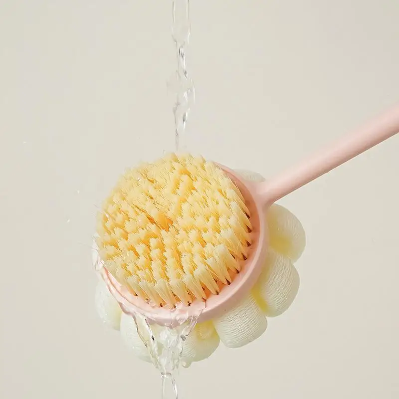 2 In 1 Long Handle Bath Brush With Soft Bristles And Loofah Puff For Home Shower Back Scrubbing Body Cleaning