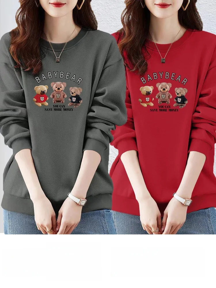 

Pure Cotton Long Sleeve round Neck Sweatshirt Korean Style High Print Quality Spring Autumn New Large Size Women's Top