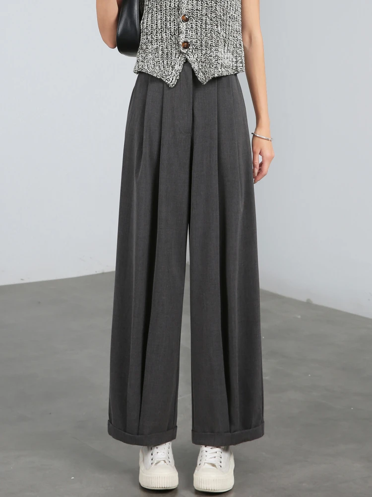 

Брюки из ледяного шелка, женские летние тонкие драпированные брюки с высокой талией, высококачественные коричневые брюки Harlan с девятью точками и широкими штанинами