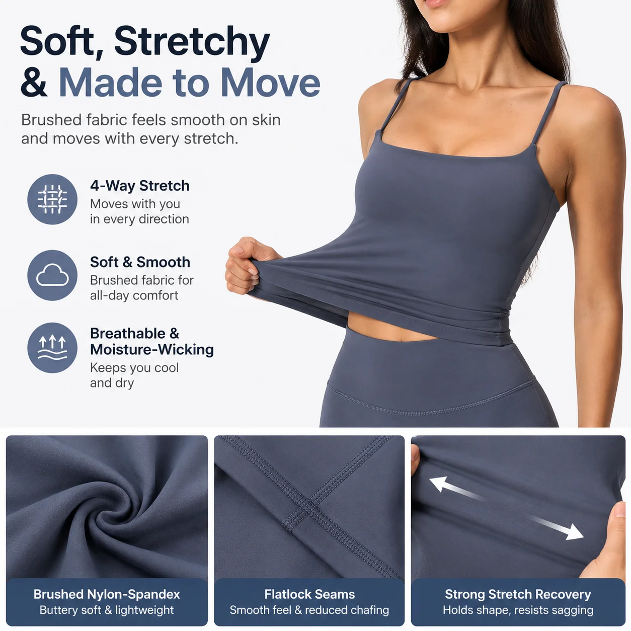 Women's Square Neck U-Back Longline Cami Tank Top - Soft Brushed Quick-Dry Yoga Gym Top, Multiple Colors, S-XL