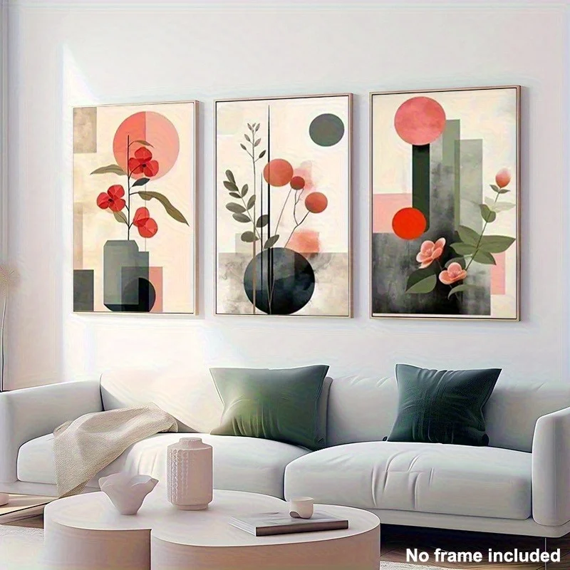 2D لشركة فيات، مجموعة 3 قطع، طباعة قماشية بدون إطار، عمل فني نباتي هندسي حديث ثلاثي الأبعاد مع تصميم زهور وأوراق شجر وردية - زن