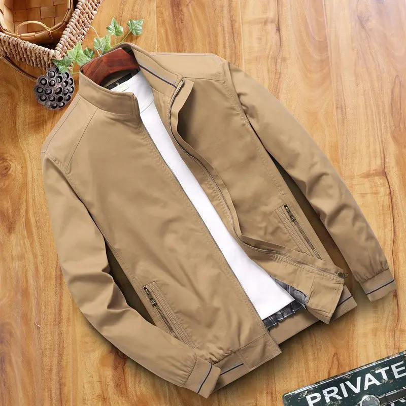 Jaket Bomber militer pria, mantel katun musim semi musim gugur pria, jaket Windbreaker ritsleting lengan panjang, kerah berdiri Solid baru