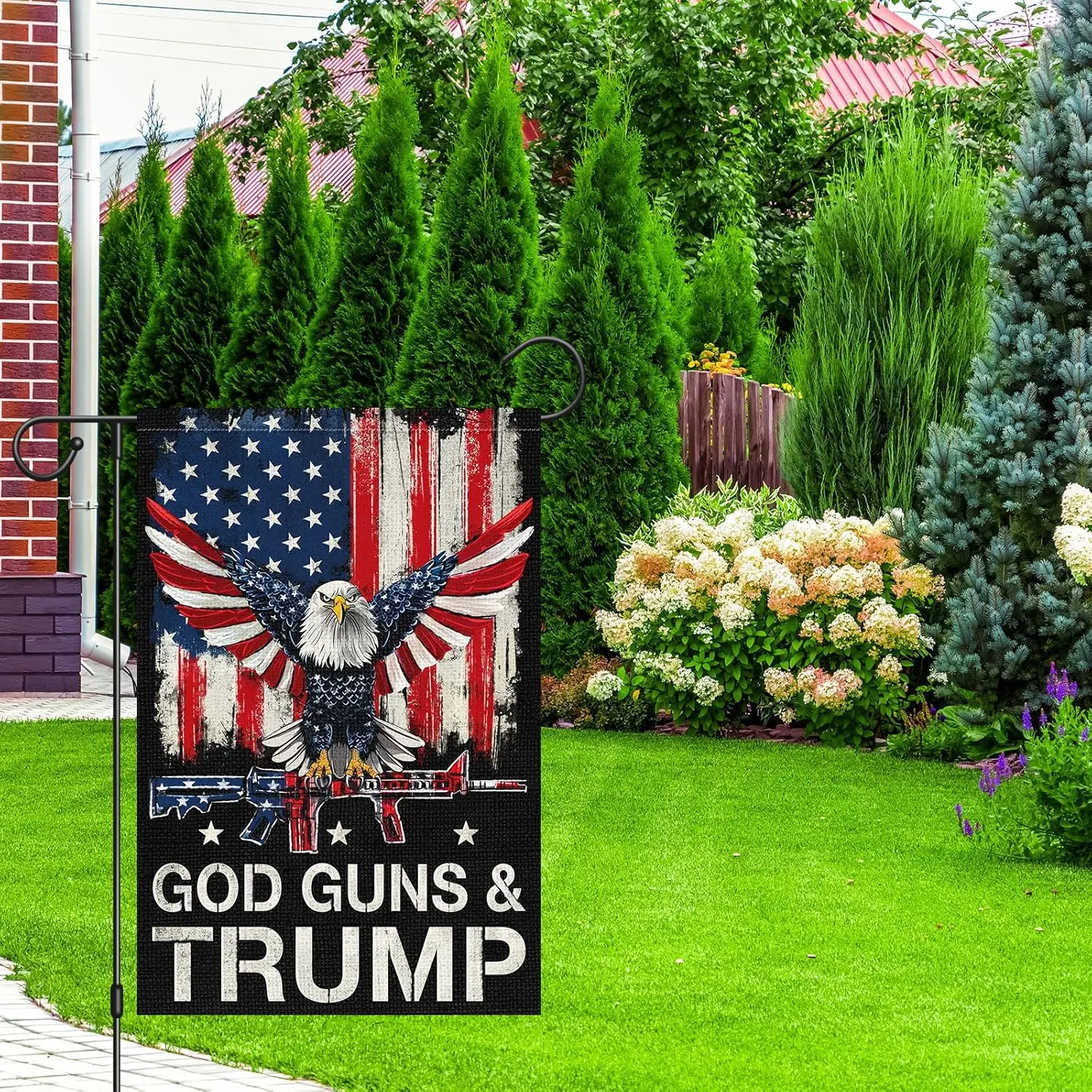 God Guns And Trump Garden Flag Trump 2024 Take America Back Garden Flags 12 x 18 Inch Vertical Double Sided Burlap American Pres