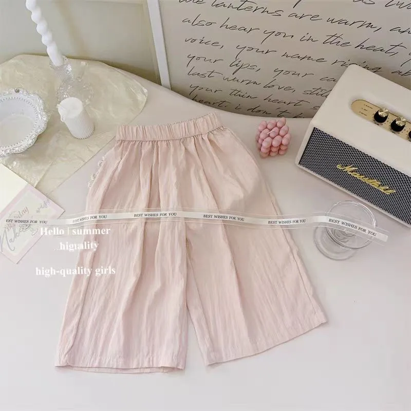 Summer New Girls Solid Color Square Collar Spliced Bow Stylish Casual Cute Sweet Sleeveless Loose Elastic Wide Leg Pants Sets