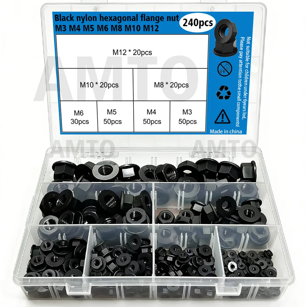 M3 M4 M5 M6 M8 M10 M12, 240-Piece Black Metric Nylon Hexagonal Flange Nut Sorting Kit