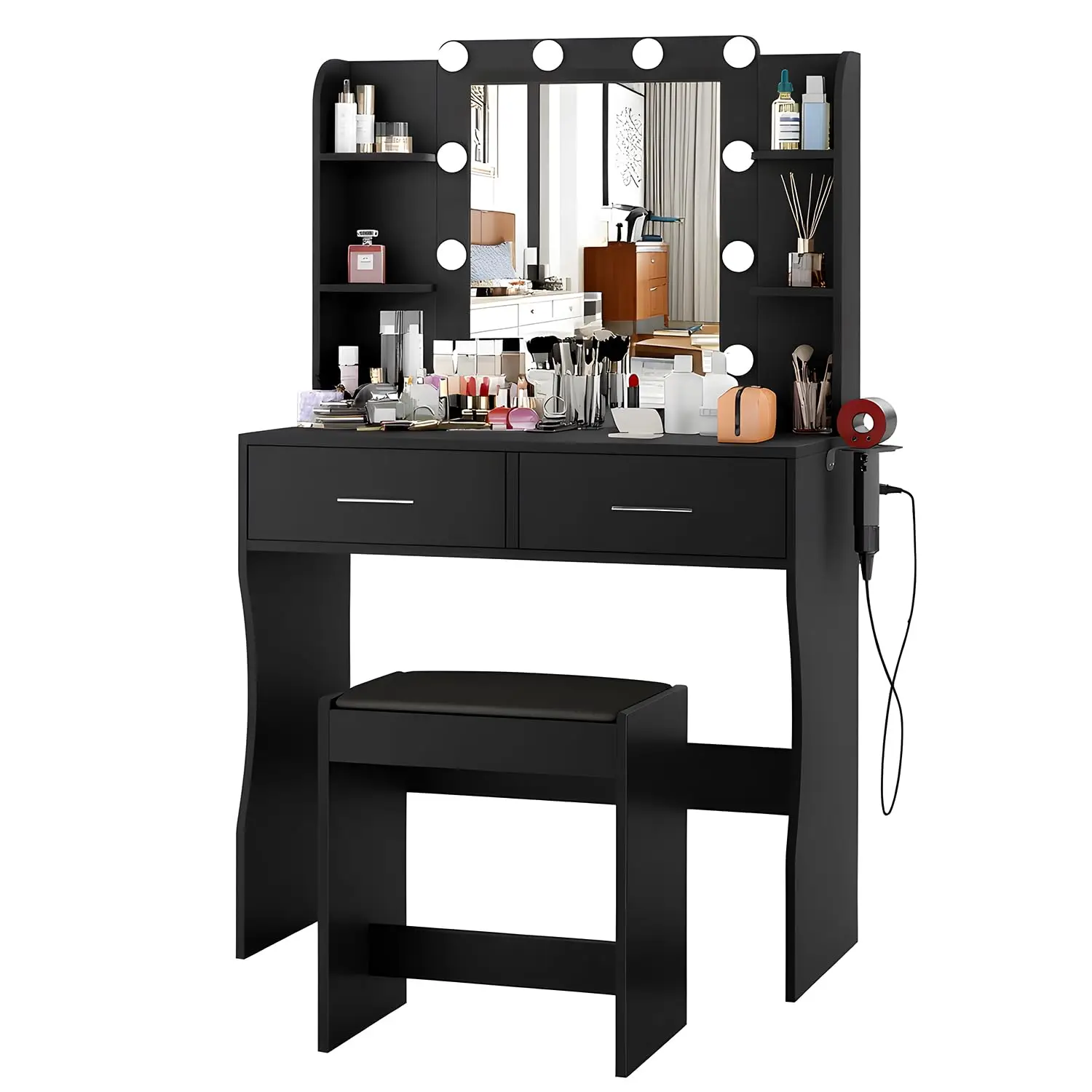 

Black Vanity Desk with Mirror & Lights 3 Color Dimmable Power Strip Dryer Holder 2 Drawers 6 Shelves Bedroom Customized