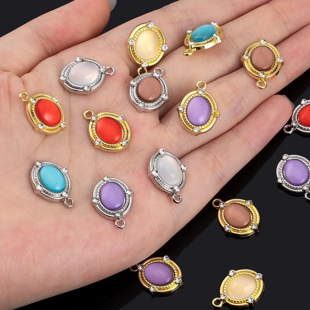 

5PCS Alloy Oval Gemstone Inlaid Pendant For DIY Handmade Jewelry Necklace Bracelet Earring Accessories Crafts Supplies Wholesale