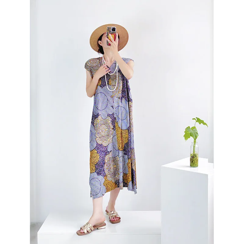 

Miyake Pleated Vneck Cap Sleeve Maxi Dress,Brown Floral Blue Print Lightweight Slit Women's Casual Vacation Boho Dress New