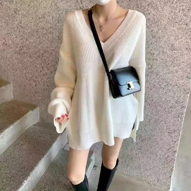 

Women's V-Ne Long Sve Knitted Sweater Mid-Length Side Slit Loose Fit Casual Versatile Faion Spring Autumn Winter