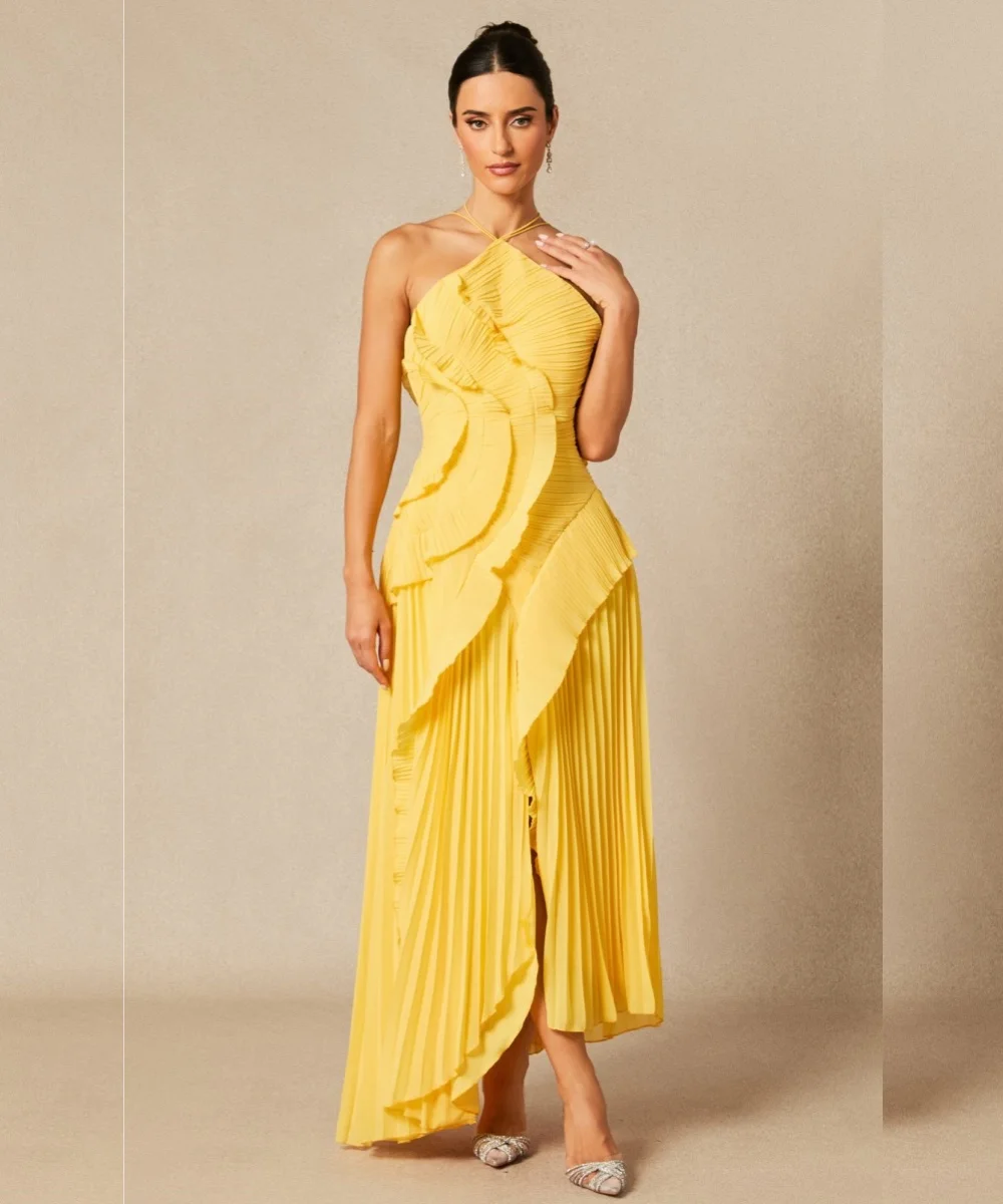 

Индивидуальные длинные вечерние платья А-силуэта из плиссированного шифона с узором, на бретельках, на заказ, высокого качества