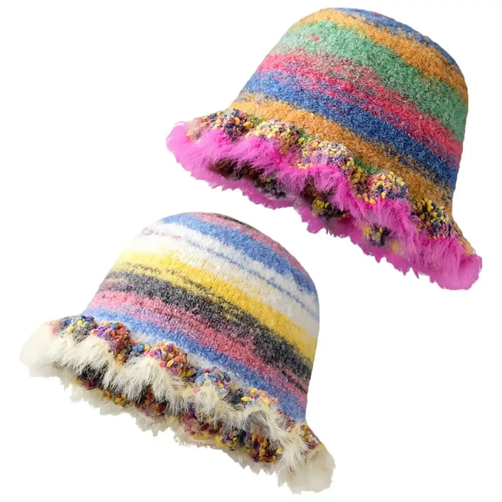 Dopamine Retro Rainbow Knitted Hat Gradient Striped Plush Bucket Hat Warmth Ruffle Fisherman's Cap Autumn Winter