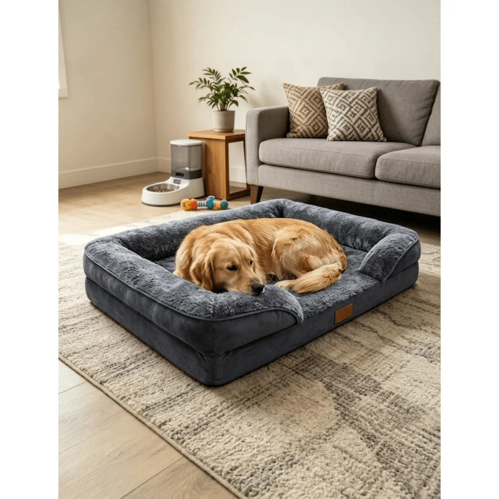 Extra For Large Dog Cat Bed Sofa Kennel Deep Gray Light Gray, Thickened Memory Foam, Removable Washable Cover, NonSlip With Sid