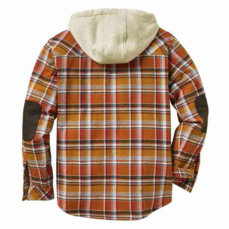 Europe and The United States Men\'s Autumn and Winter Plaid Printed Casual Hooded Shirt Jacket with Fleece Thickened Jacket