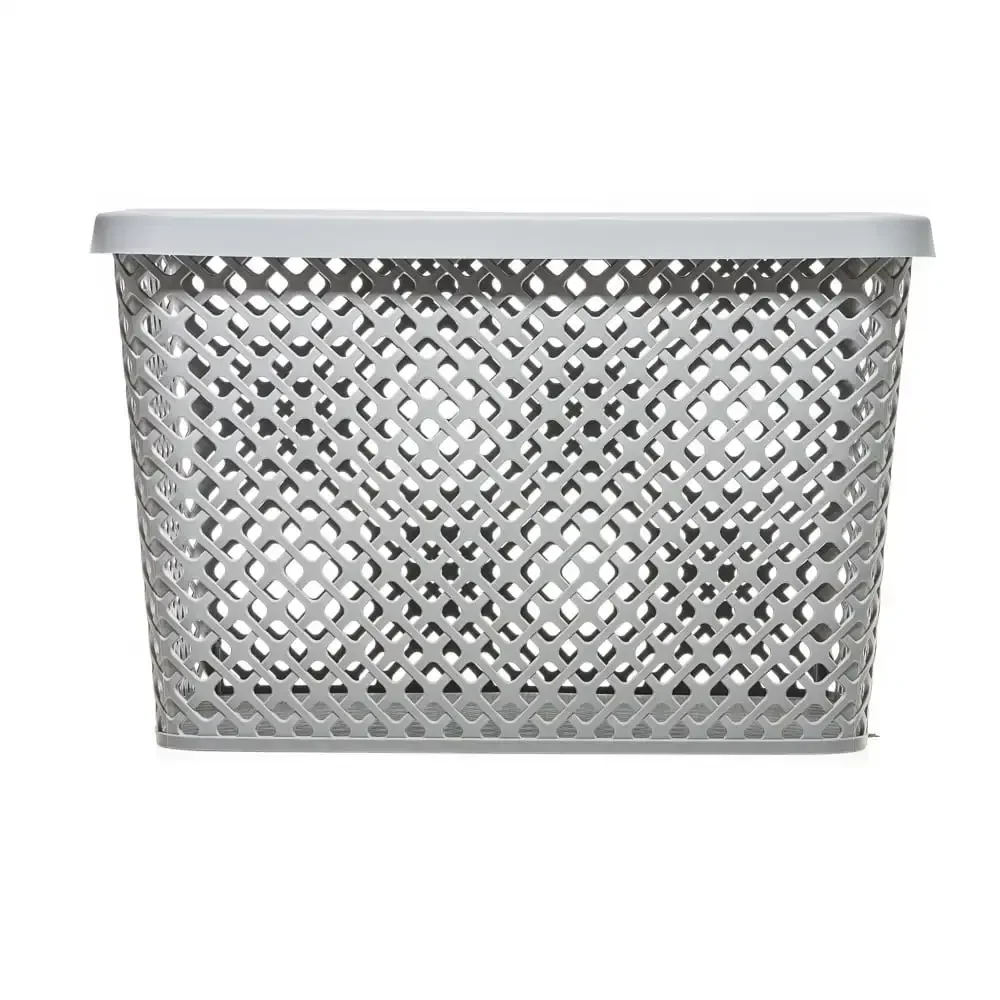 NEW Extra Large Decorative Plastic Storage Basket w/Lid, Gray