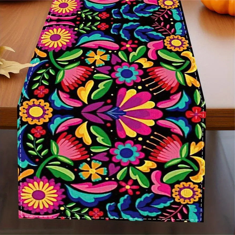 Linen Mexican Table Runner For Dia De Los Muertos Cinco De MayoParty Decoration Table Cloth Mexican Fiesta Kitchen Dining Table