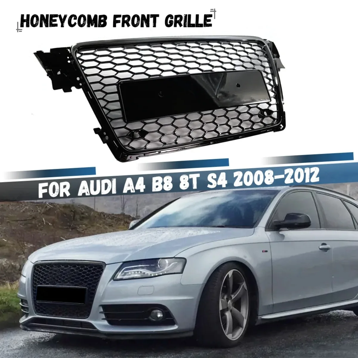 Dla Audi A4 B8 8T S4 2008 2009 2010 2011 2012 Grill przedni w stylu RS4, kratka w kształcie plastra miodu, błyszczący czarny, sportowy grill.