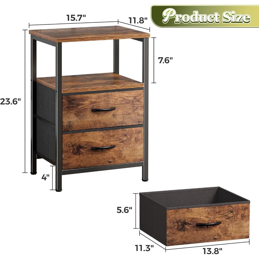 مجموعة حامل ليلي مكونة من 2، منضدة مع درجين، طاولة جانبية للسرير مع رف مفتوح، سطح خشبي، طاولة نهائية، درج قماش، Fo #3