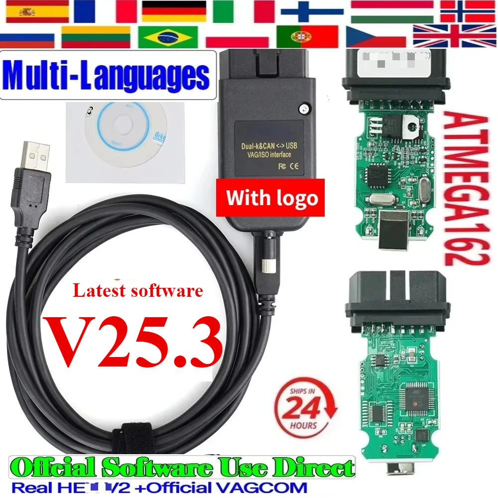 

НОВЫЙ V25.3 Популярный Vc-ds Francais Hex/V2 для V-w для AU-DI Skoda Seat Vag Французский английский диагностический инструмент Atmega162 с логотипом