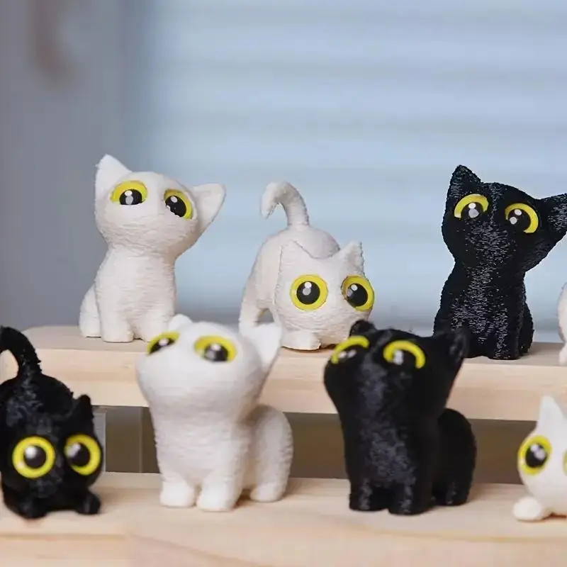 5-piece set of small statues - 3D printed cute kitten figurines with lifelike eyes, suitable for desktop decoration.