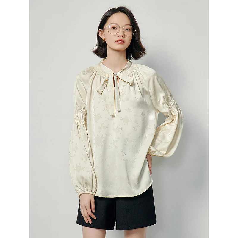 TOYOUTH Women Chinese Style Blouse 2024 Spring Jacquard Satin Juliet Sleeve Ruched Office Blouses