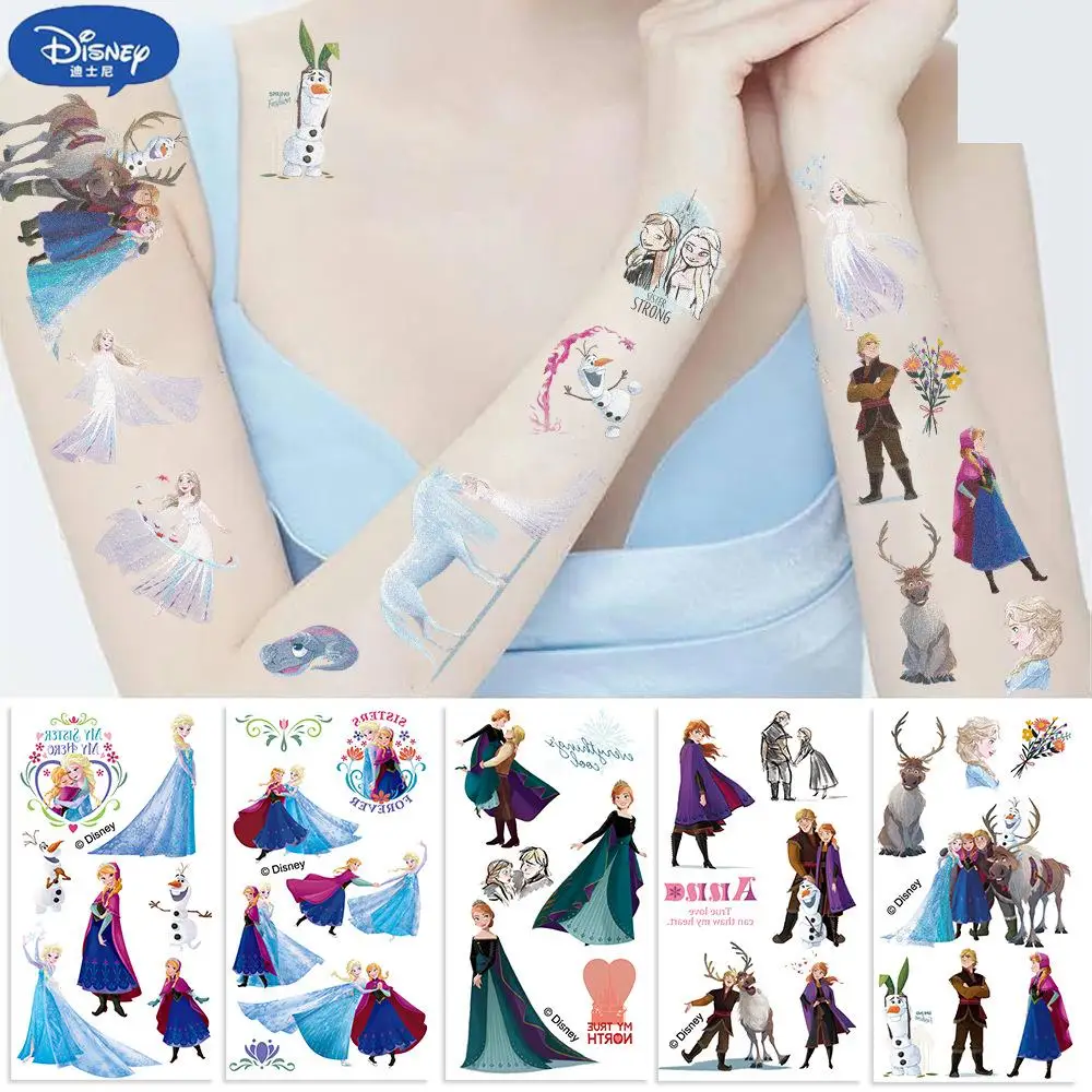 Pegatinas de tatuaje de Frozen de princesa Disney para niños, tatuajes de dibujos animados, juguetes de arte corporal falso, regalo de cumpleaños, 10 piezas